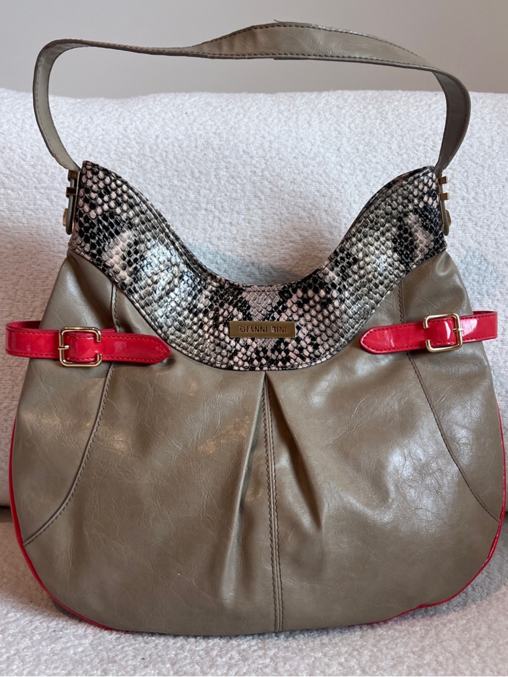 Gianni Bini Dahlia Taupe Shoulder Bag with Snake-Print Trim and Red Accents